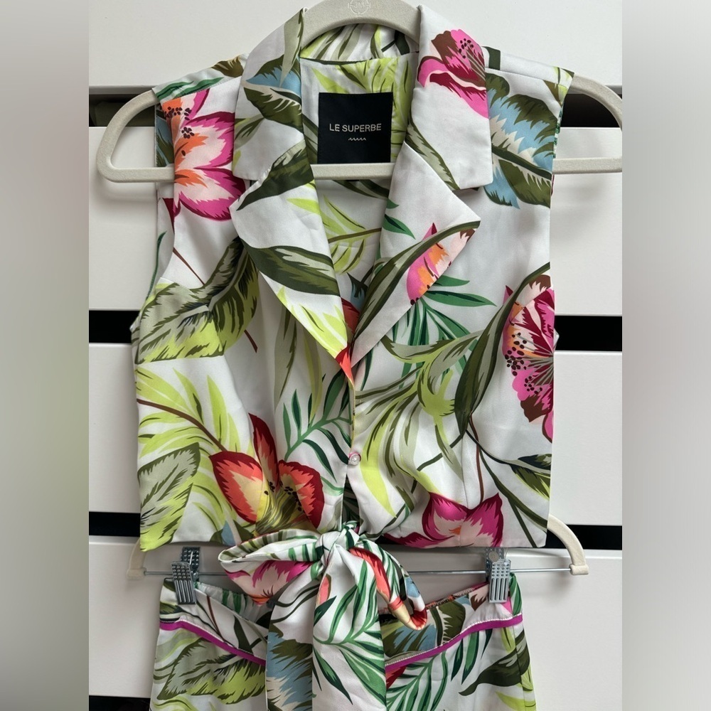 LE SUPERBE Skyline Floral Tie-Front Blouse Foliage Leaf Print 2PC Set Size 6 - Picture 6 of 10